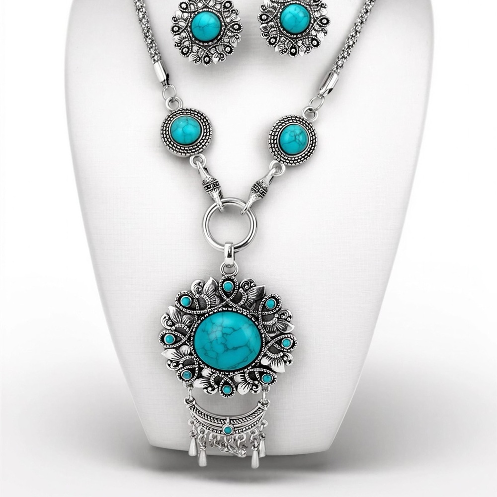 Turquoise Stone Silver-Tone Pendant Necklace & Earrings Set